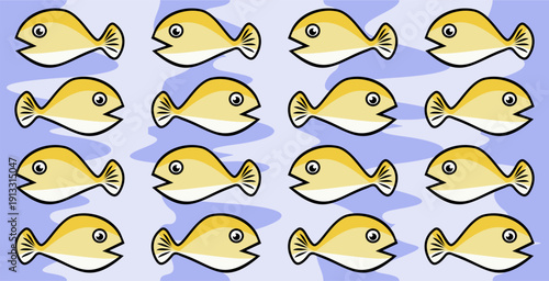 background design with a water animal theme in the form of repeating fish in golden yellow and a blue background