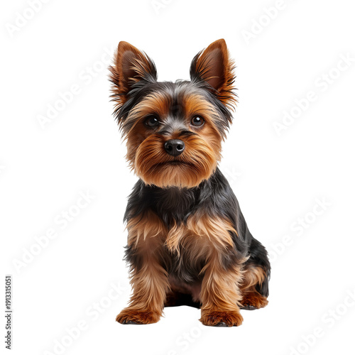 Yorkshire Terrier Standing on White Background With Alert Expression and Fluf...