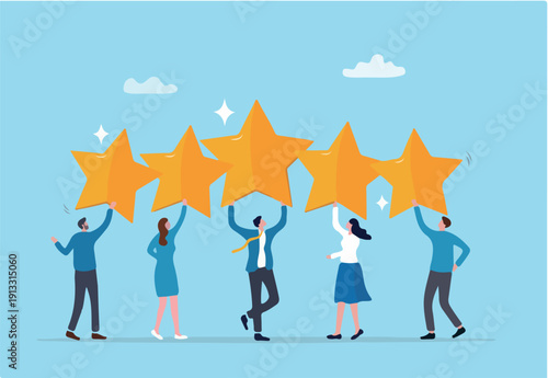 Employee survey, customer feedback rating or performance review, five stars service, best experience or feedback and engagement concept, business people employees holding 5 stars rating feedback