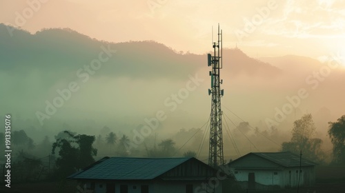 Telecommunications Tower Standing In Foggy Mountain Valley At Sunrise