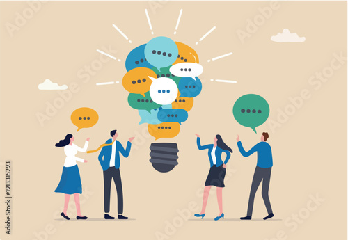 Effective communication, meeting discussion or conversation solution, speak or telling intelligence information, team opinion new idea concept, business people discuss with lightbulb speech bubble. 