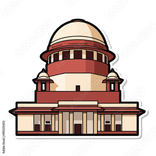 Illustration of Supreme Court building with red and beige architecture viewed from the front