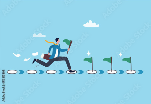 Milestone or roadmap achievement, business success journey, progress to reach goal, motivation to accomplishment, aspiration concept, businessman run to grab completed milestone success flag.