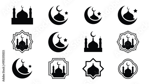 Elegant islamic ramadan icons set with mosque silhouettes and crescent moons on white background for cultural and religious designs