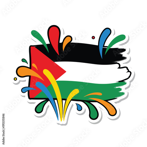 Vibrant paint splatters surrounding the Palestinian flag in a dynamic, abstract illustration from a frontal viewpoint.