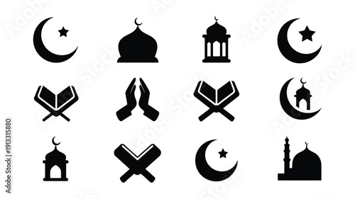 Ramadan silhouette icons set 12 black symbols crescent moon star mosque prayer book islamic faith religion culture symbol bundle