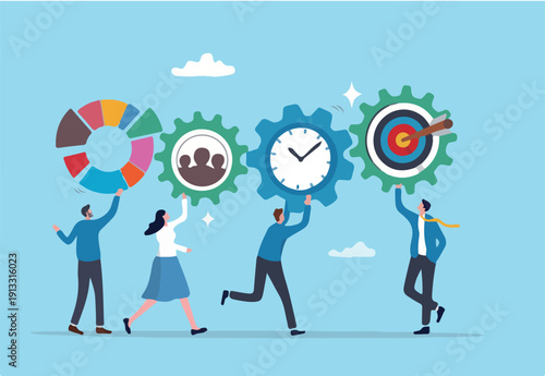 Optimization, improvement or strategy to improve result to increase efficiency or productivity to reach goal or target success, business people connect cogwheel gear to optimize result to reach goal