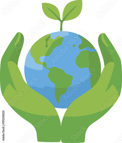 A flat vector illustration of green hands holding the Earth with a sprouting plant on top, symbolizing environmental protection and global sustainability.