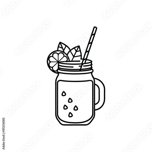 Black and white line drawing of a refreshing drink in a mason jar with straw