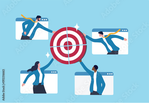 Meeting objective, agenda or company goal, target achievement planning strategy, teamwork colleagues working together on same target, business people coworker connecting target objective jigsaw