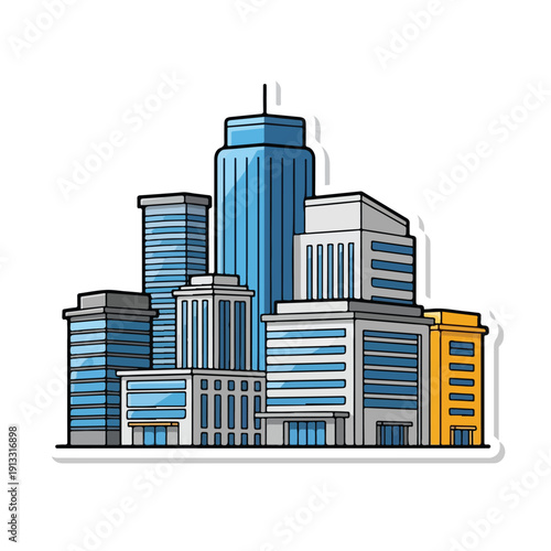 Cityscape illustration featuring modern office buildings from a frontal viewpoint, showcasing urban architecture and city life