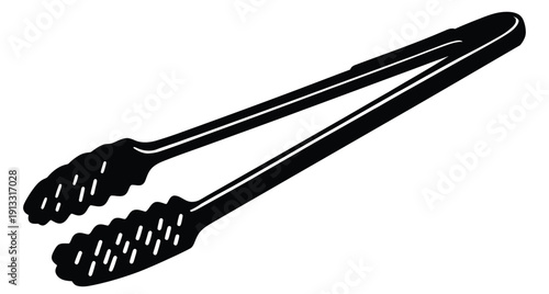 A pair of black kitchen tongs on a white background