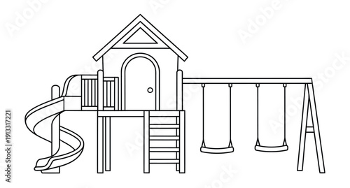 A child's playset with a slide and swings