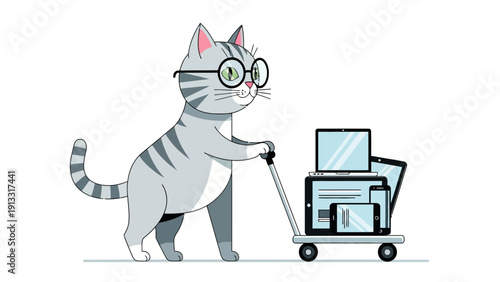 A bespectacled tabby cat pushes a cart loaded with electronic devices