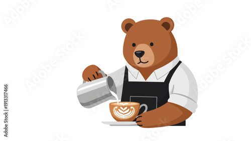 A brown bear barista pours milk into a coffee cup creating latte art
