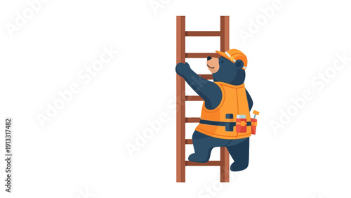 A cartoon blue bear in construction gear climbs a wooden ladder