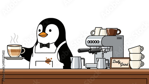 A cartoon penguin barista serving a layered coffee drink beside an espresso machine