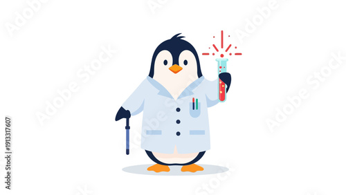 A cartoon penguin scientist in a lab coat holds a bubbling test tube