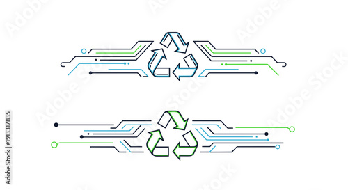Recycling symbol with circuit lines in green and blue color scheme