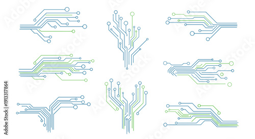 Circuit designs in blue and green colors on a white background