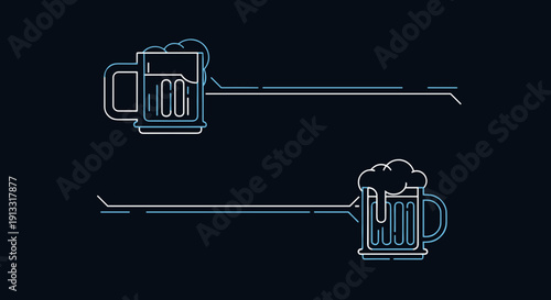 Stylized beer mugs illustration with foam on a dark background 