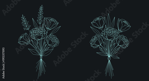 Floral illustration design with elegant bouquets on dark background