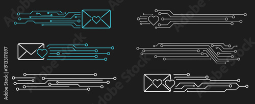 Digital love messages with heart symbols and circuit patterns on a dark background