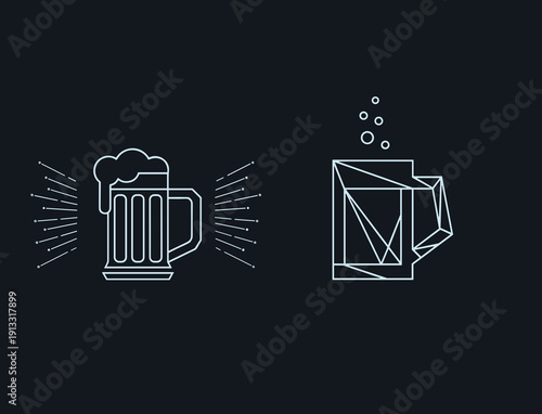 Beer icons with bubbles and geometric design on dark background