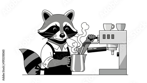 Black and white illustration of a raccoon barista steaming milk with an espresso machine