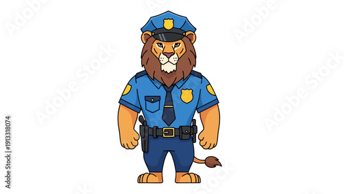 Anthropomorphic lion police officer in a blue uniform and hat