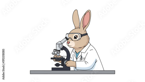 Anthropomorphic rabbit scientist wearing goggles and lab coat looking through a microscope