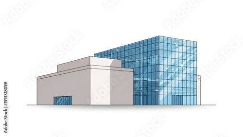 Architectural sketch shows a modern structure with solid and glass sections