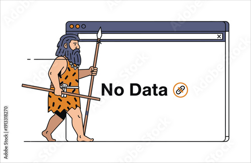Bearded caveman holding a spear and a stick in front of a browser window saying 'No Data', representing a lack of digital information