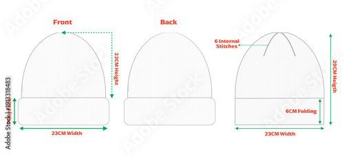 Knitted Beanie Hat Technical Drawing with Measurements Front and Back View Vector Template