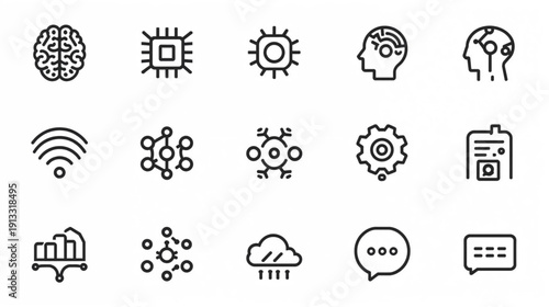 Artificial Intelligence and Machine Learning Line Icon Set