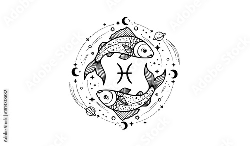 Pisces zodiac sign celestial line art two fish circle vector