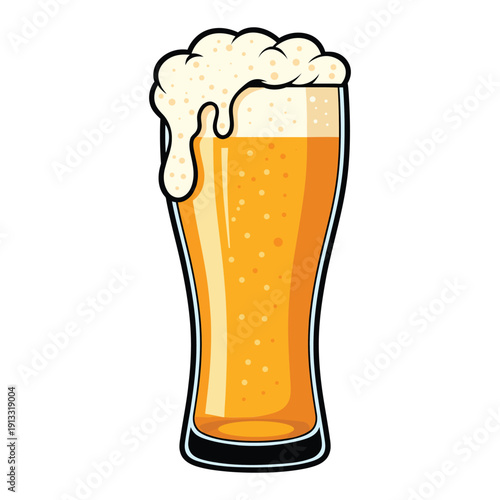 A cartoon image of a tall glass of beer with foam
