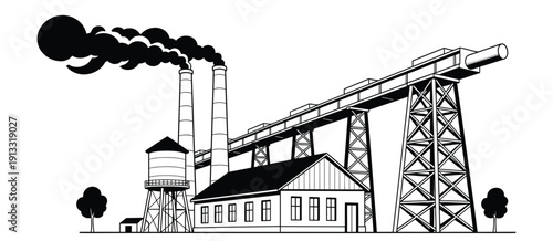 A black and white drawing of a factory with smoke coming out of the chimney