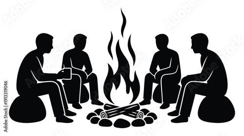 Four people sitting around a campfire in the dark