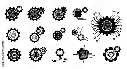 Gear and Circuit Combo Logo Vector Illustration | Technology Engineering Emblem | Modern Tech Industry Symbol