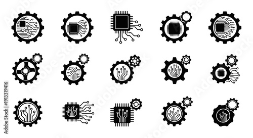 Gear and Circuit Combo Logo Vector Illustration | Technology Engineering Emblem | Modern Tech Industry Symbol