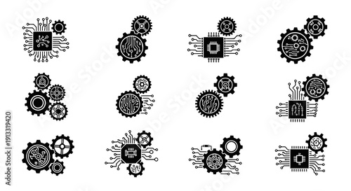 Gear and Circuit Combo Logo Vector Illustration | Technology Engineering Emblem | Modern Tech Industry Symbol
