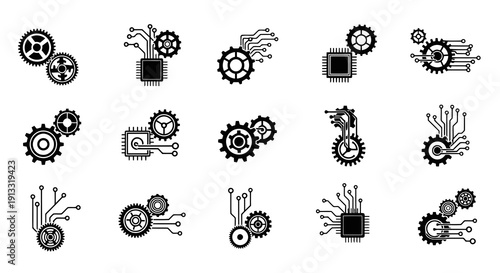 Gear and Circuit Combo Logo Vector Illustration | Technology Engineering Emblem | Modern Tech Industry Symbol