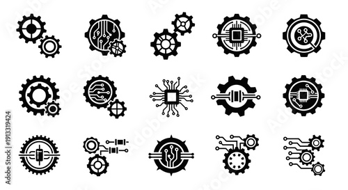 Gear and Circuit Combo Logo Vector Illustration | Technology Engineering Emblem | Modern Tech Industry Symbol