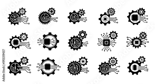 Gear and Circuit Combo Logo Vector Illustration | Technology Engineering Emblem | Modern Tech Industry Symbol