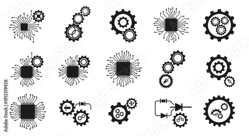 Gear and Circuit Combo Logo Vector Illustration | Technology Engineering Emblem | Modern Tech Industry Symbol