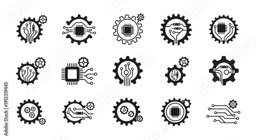 Gear and Circuit Combo Logo Vector Illustration | Technology Engineering Emblem | Modern Tech Industry Symbol