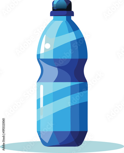 Blue plastic water bottle with cap on white background