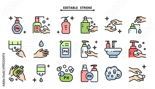 Hand Sanitizer and Cleanser Icon Set: Color Outline Symbols for Natural Cosmetics, Skin pH Balance and Hygiene Care	