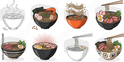 Ramen noodle bowls collection set. Japanese soup with meat, egg and seafood varieties. Asian cuisine flat vector illustration bundle.